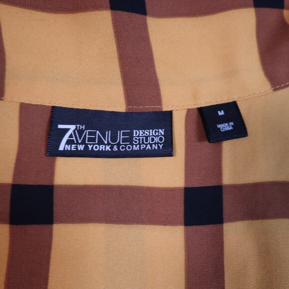 7th Ave New York & Company Blouse Yellow & Brown Plaid Tie-V-Neck 3/4 Sleeve M - Picture 3 of 10